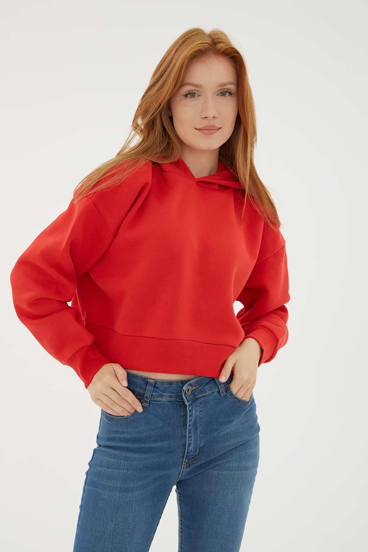 Kapüşonlu Crop Sweat Kırmızı | Fashion Friends