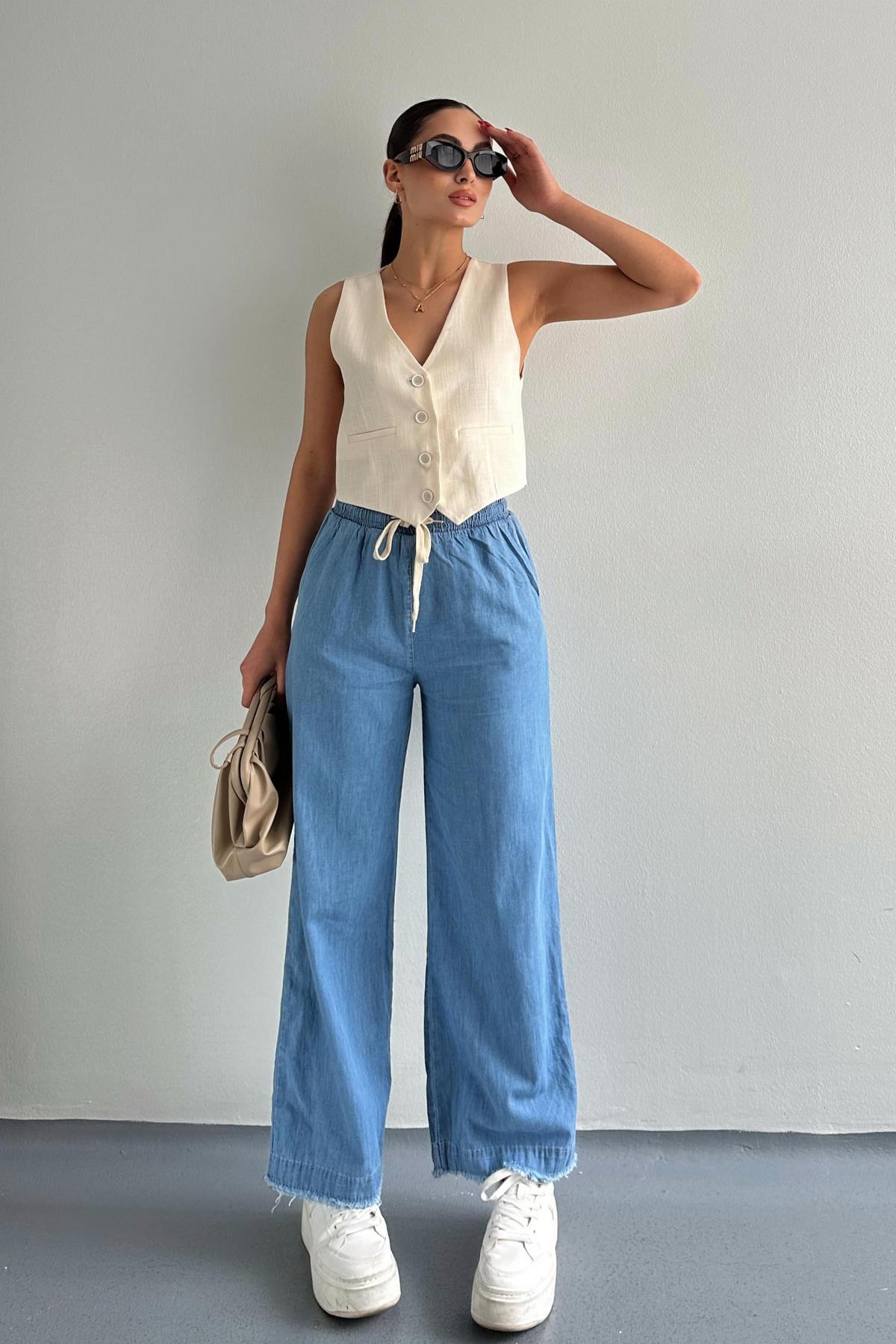 Paçası Püsküllü Straight Fit Denim Pantolon Mavi | Fashion Friends