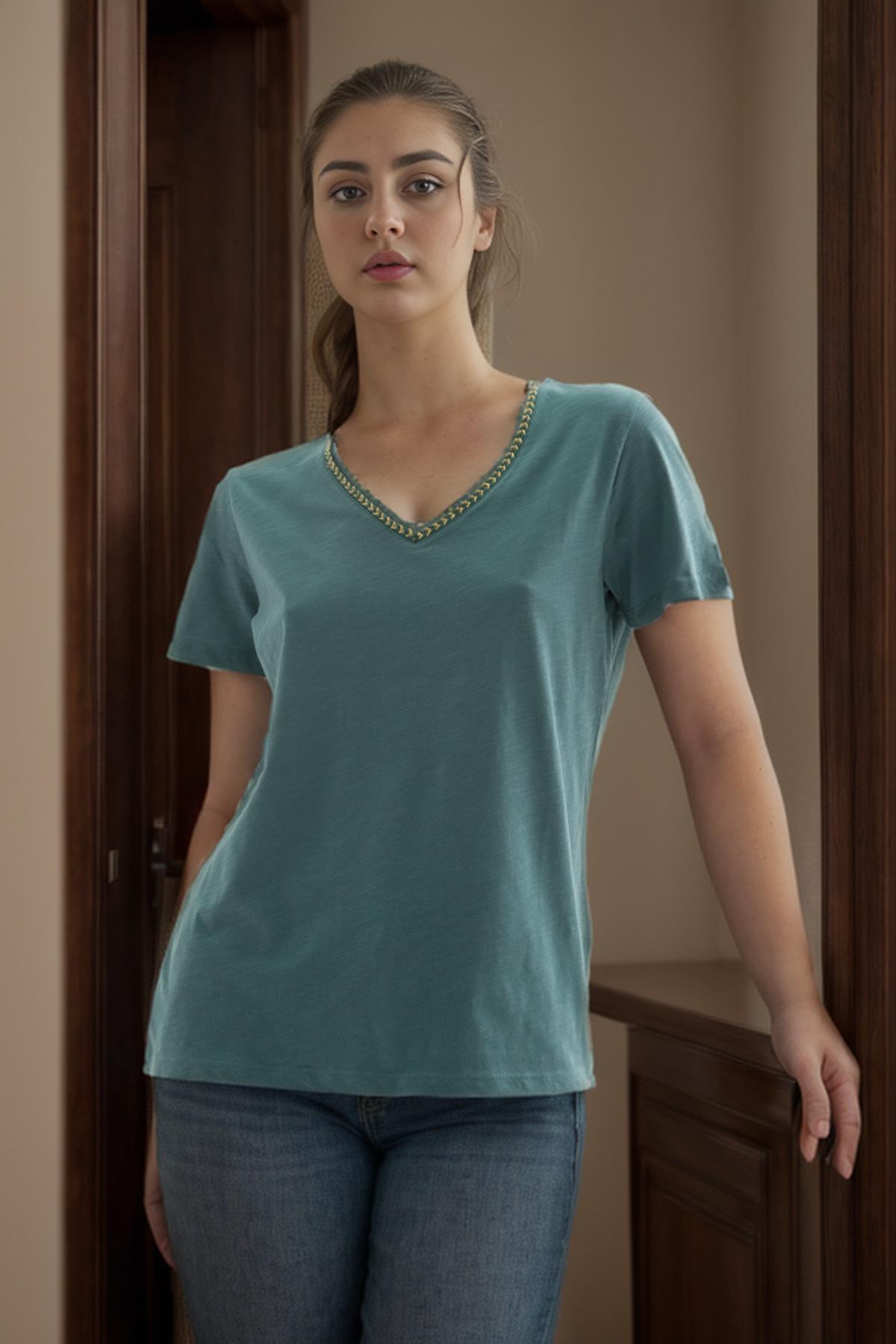 V Yaka T-Shirt K.Yeşil | Fashion Friends