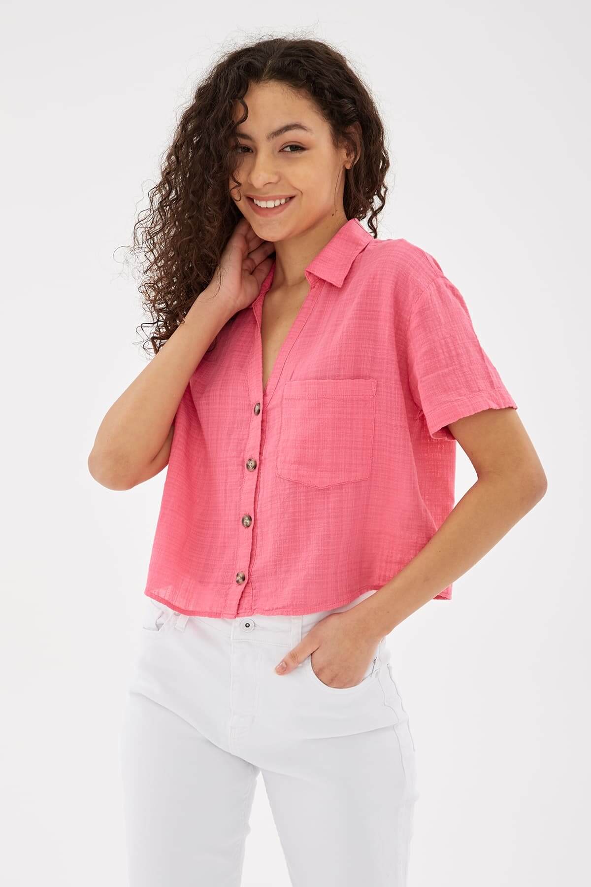 Kısa Kollu Gömlek Pembe / Pink Kadın Gömlek | Fashion Friends