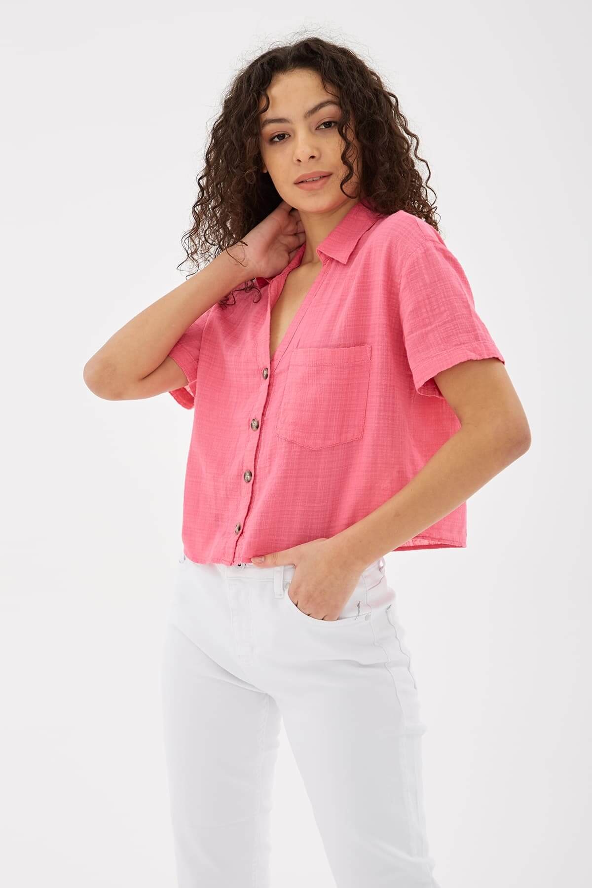 Kısa Kollu Gömlek Pembe / Pink Kadın Gömlek | Fashion Friends
