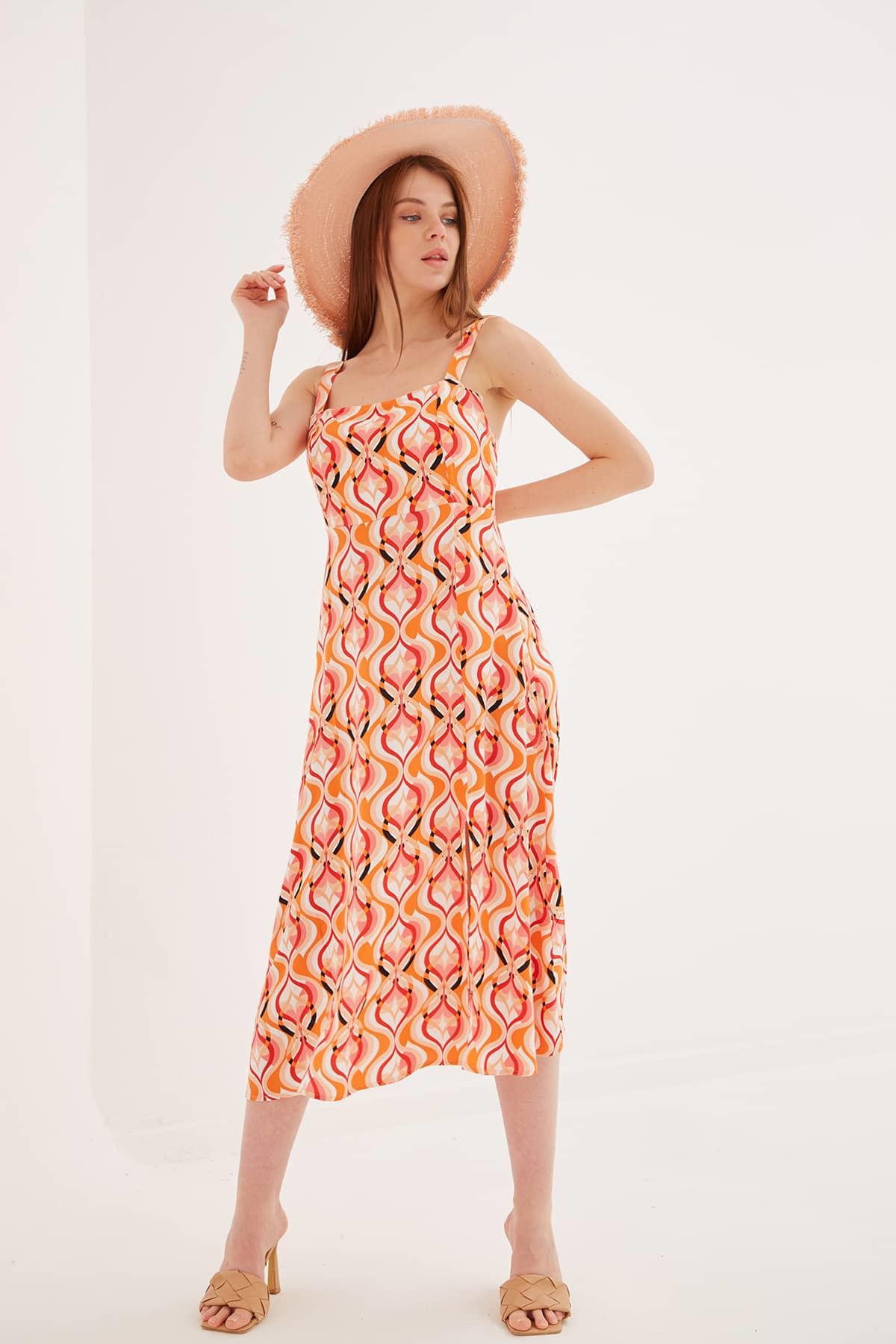 Askılı Desenli Elbise Turuncu / Orange | Fashion Friends