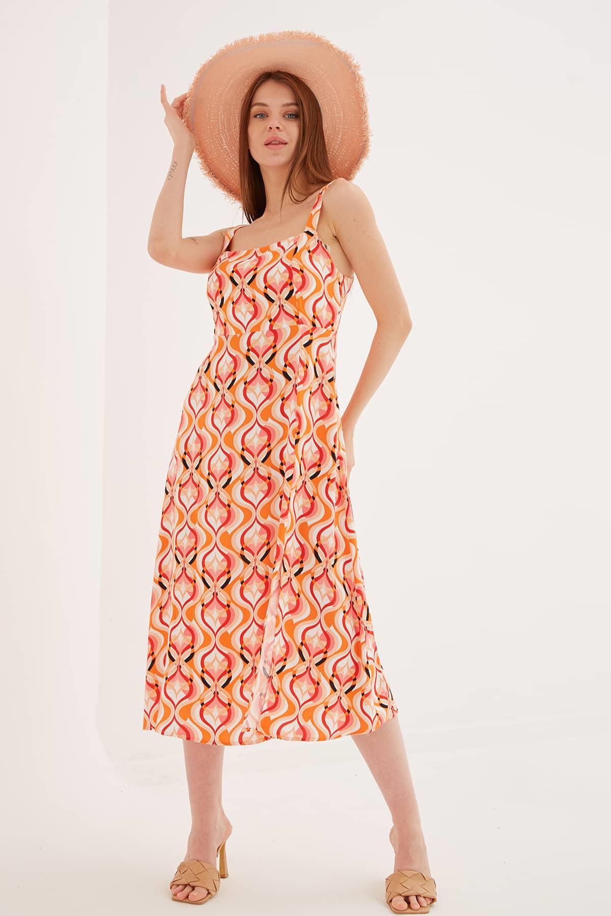 Askılı Desenli Elbise Turuncu / Orange | Fashion Friends
