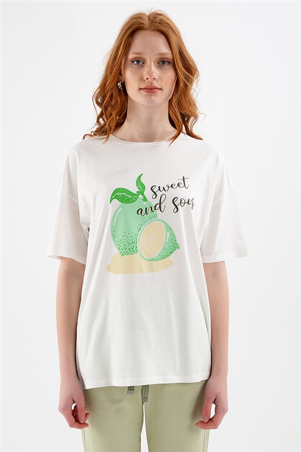 Baskılı Boyfriend T-Shirt Ekru / Ecru