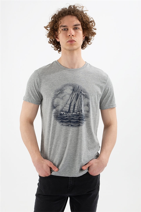 Baskılı T-Shirt Gri Melanj / Grey Melange