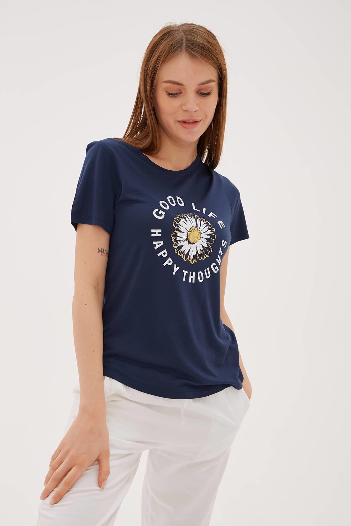Baskılı T-Shirt Lacivert / Navy | Fashion Friends