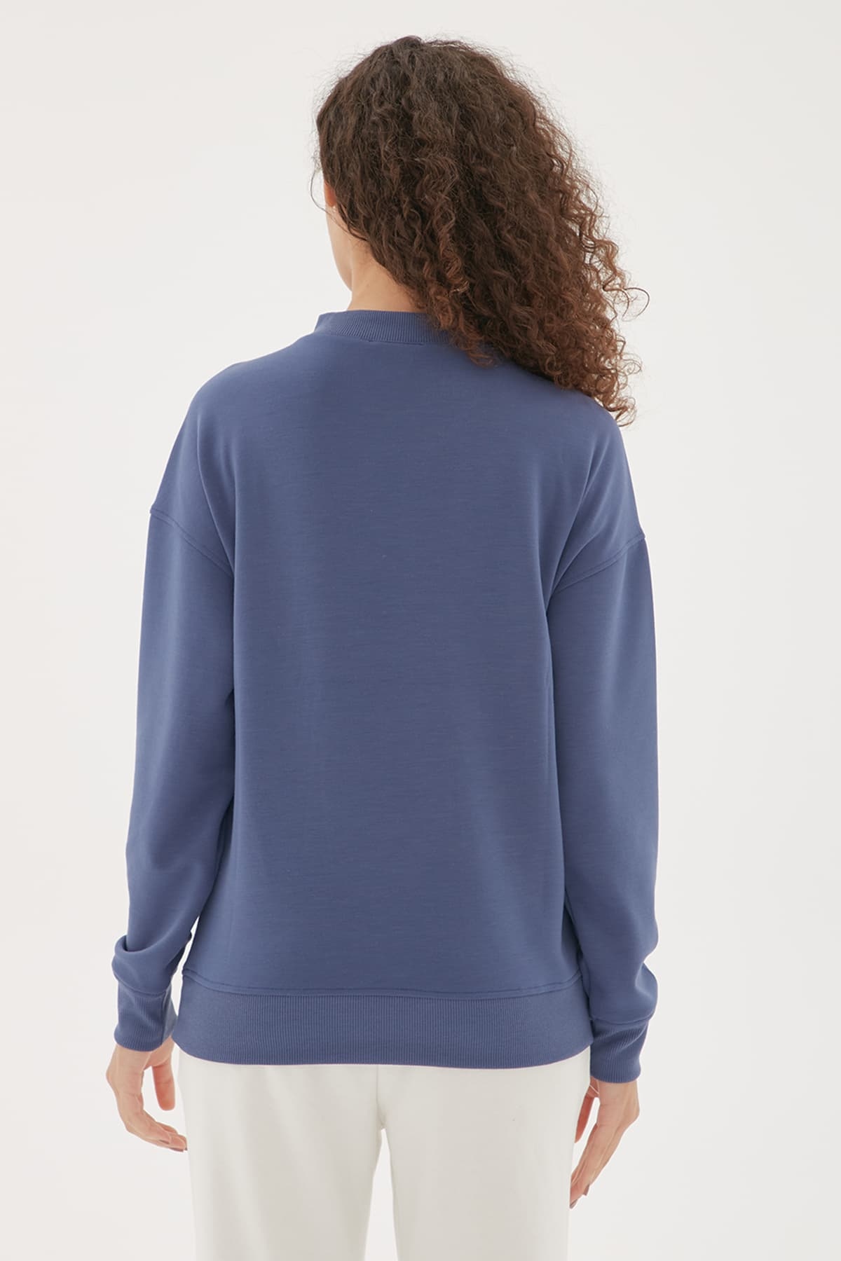 Düşük Kol Baskılı Sweatshirt Mavi / Blue | Fashion Friends