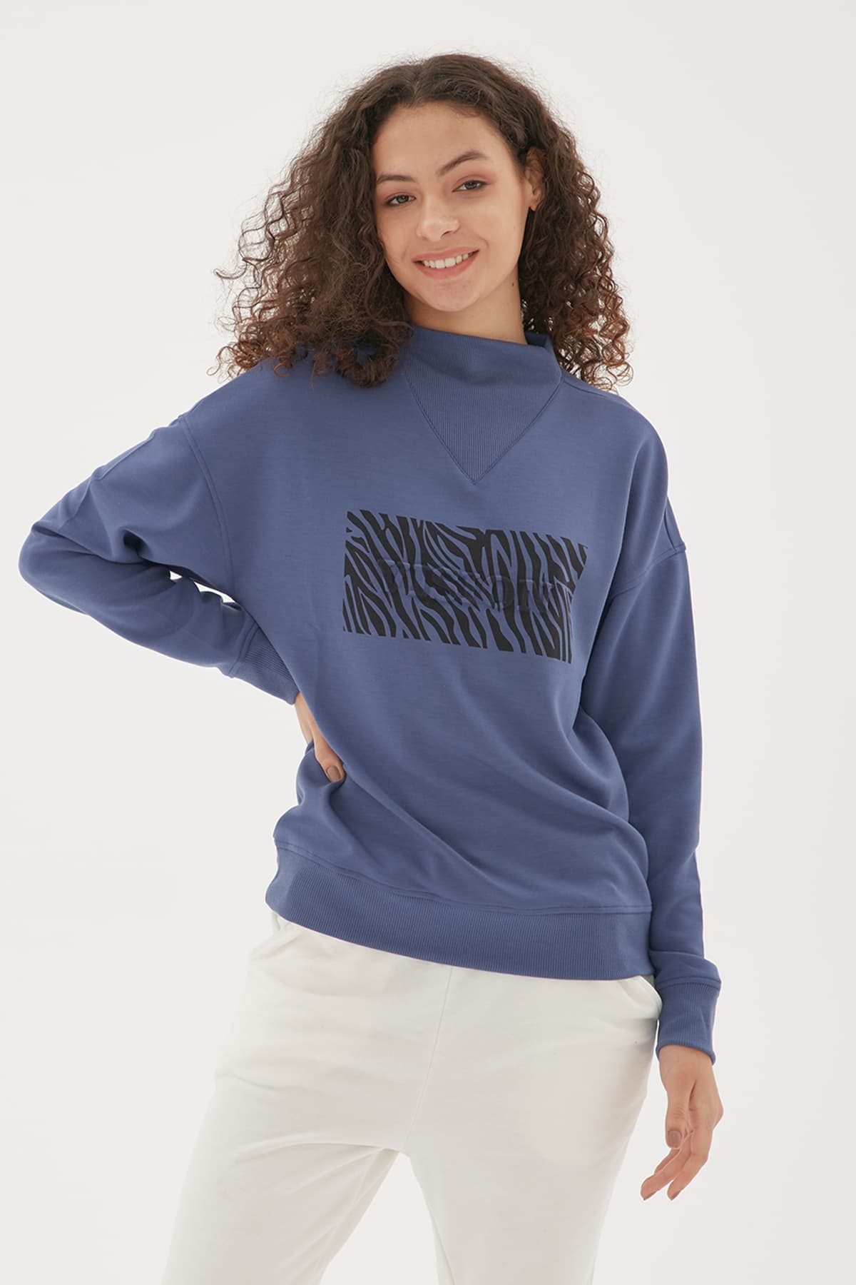 Düşük Kol Baskılı Sweatshirt Mavi / Blue | Fashion Friends