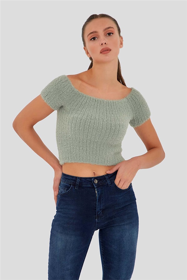 Düşük Omuz Crop Triko Mint