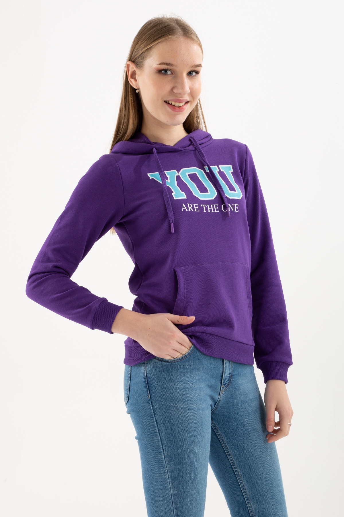 Kapüşonlu Baskılı Sweatshirt Mor / Purple | Fashion Friends