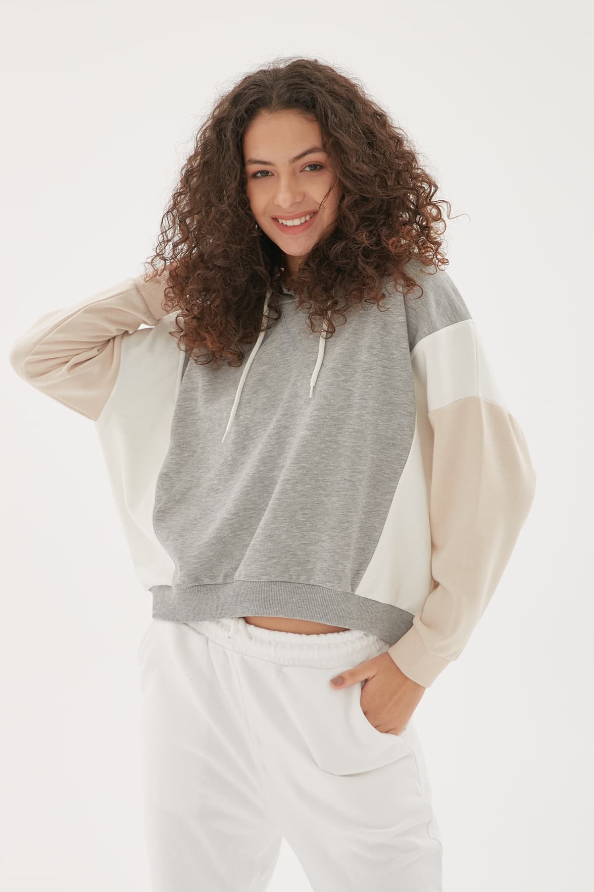 Kapüşonlu Crop Sweatshirt Gri Melanj / Grey Melange | Fashion Friends