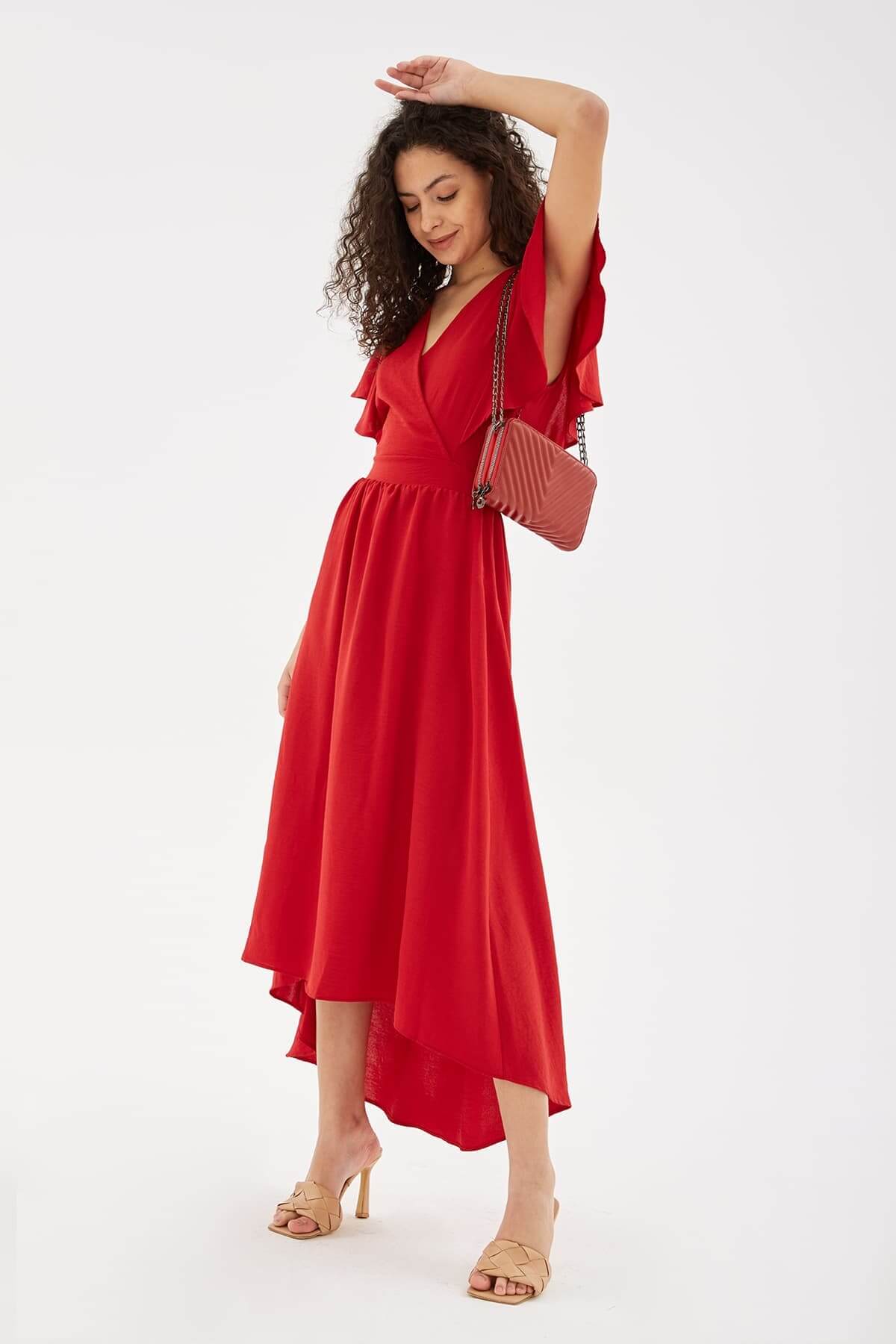 Kruvaze Yaka Elbise Kırmızı / Red | Markasız
