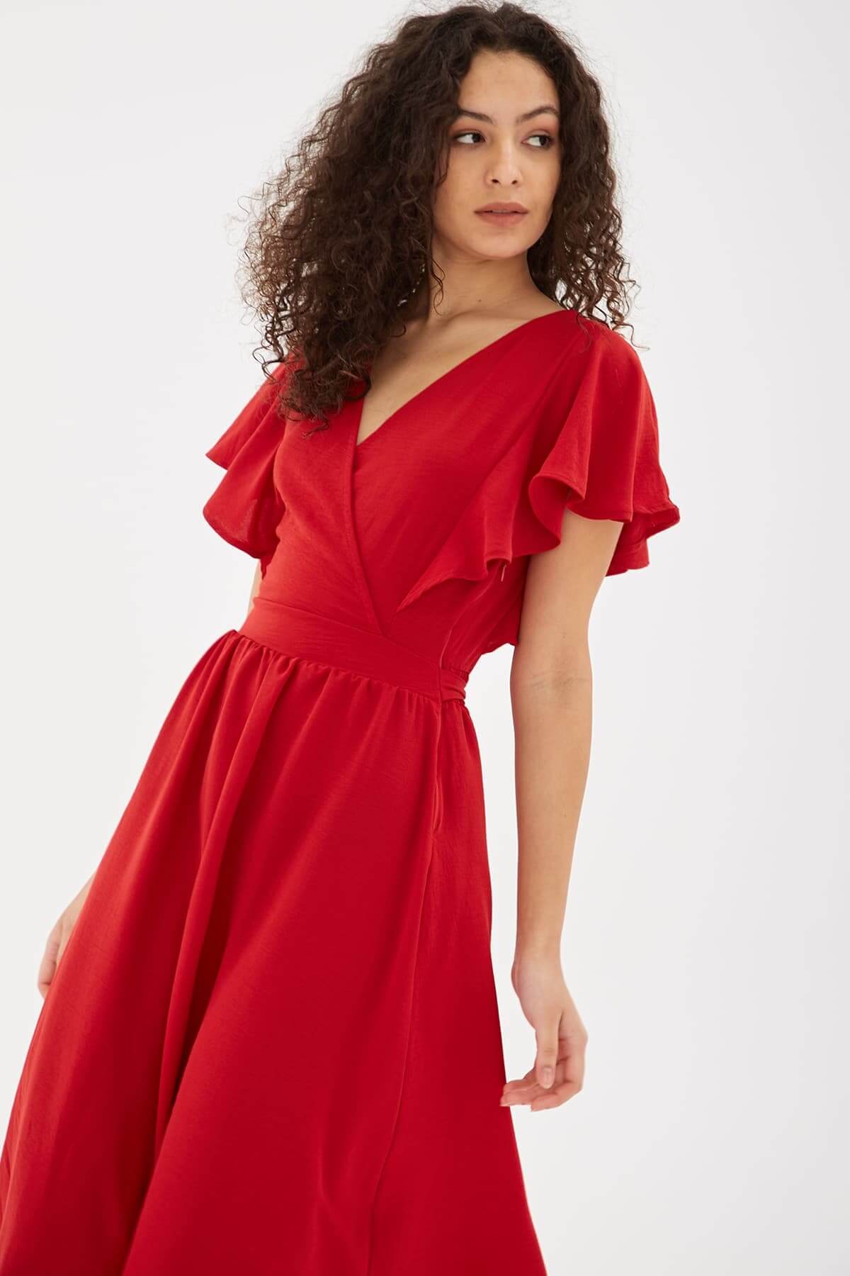 Kruvaze Yaka Elbise Kırmızı / Red | Markasız