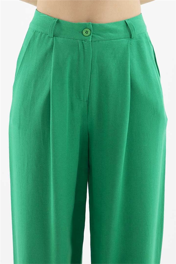 Piliseli Keten Pantolon Yeşil