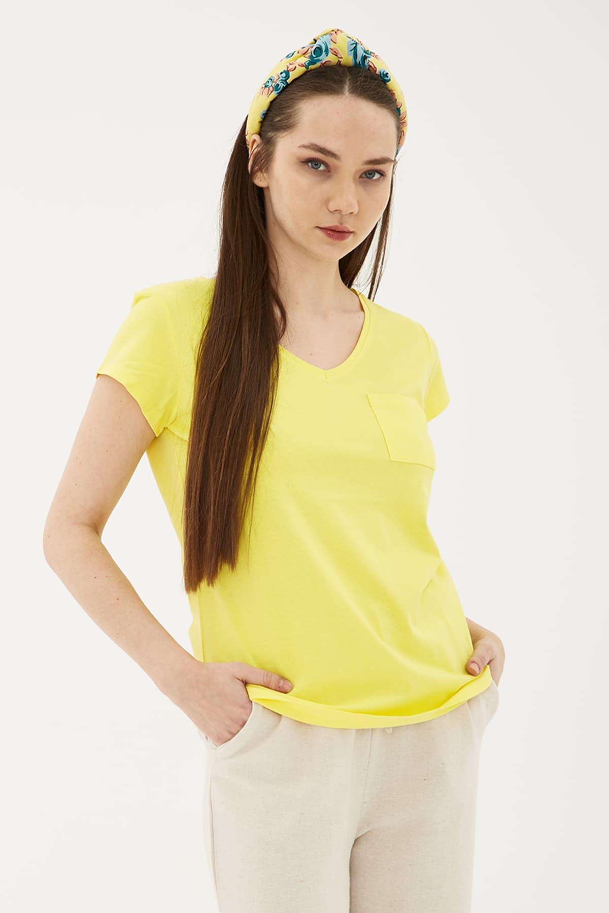 V Yaka Cepli T-Shirt Sarı / Yellow | Markasız