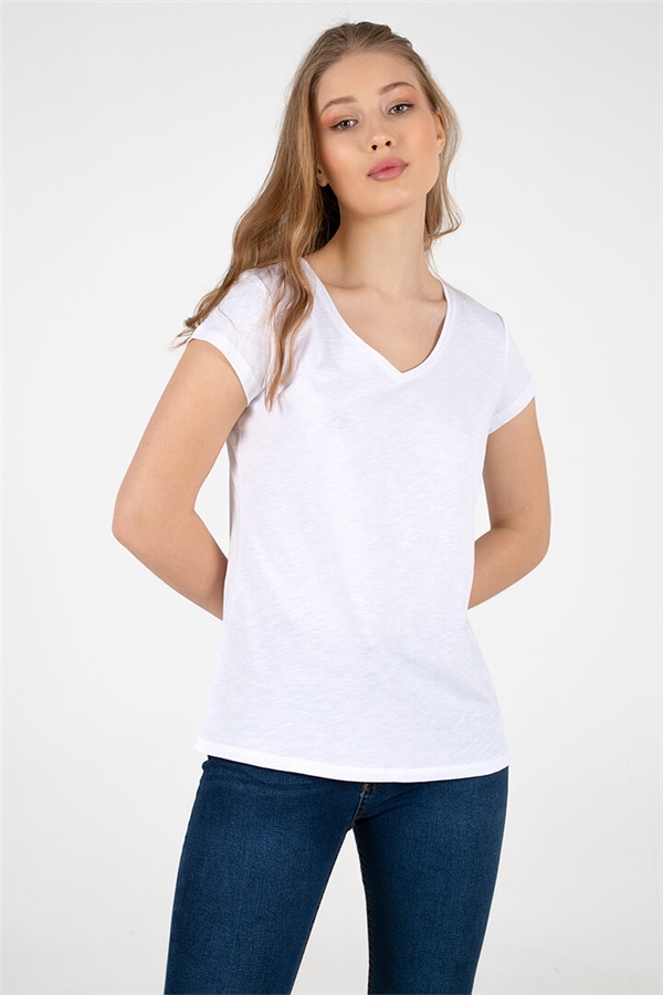 V Yaka T-Shirt Beyaz / White
