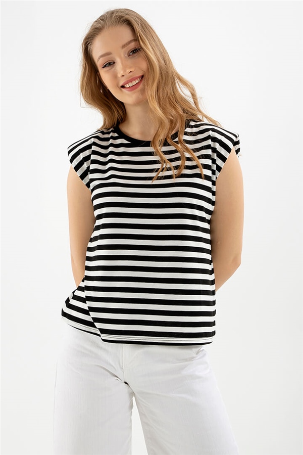 Vatkalı Çizgili T-Shirt Beyaz / White
