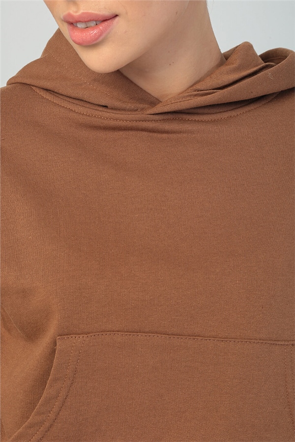 Vatkalı Crop Sweatshirt Kahverengi