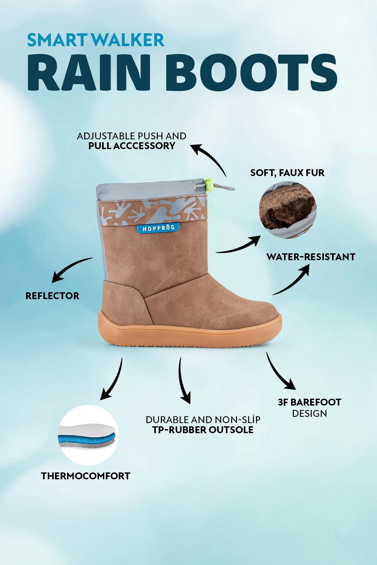 Rain Boots Kahverengi Meşe Suya ve Soğuğa Dayanıklı Barefoot Çocuk Botu - Görsel 3