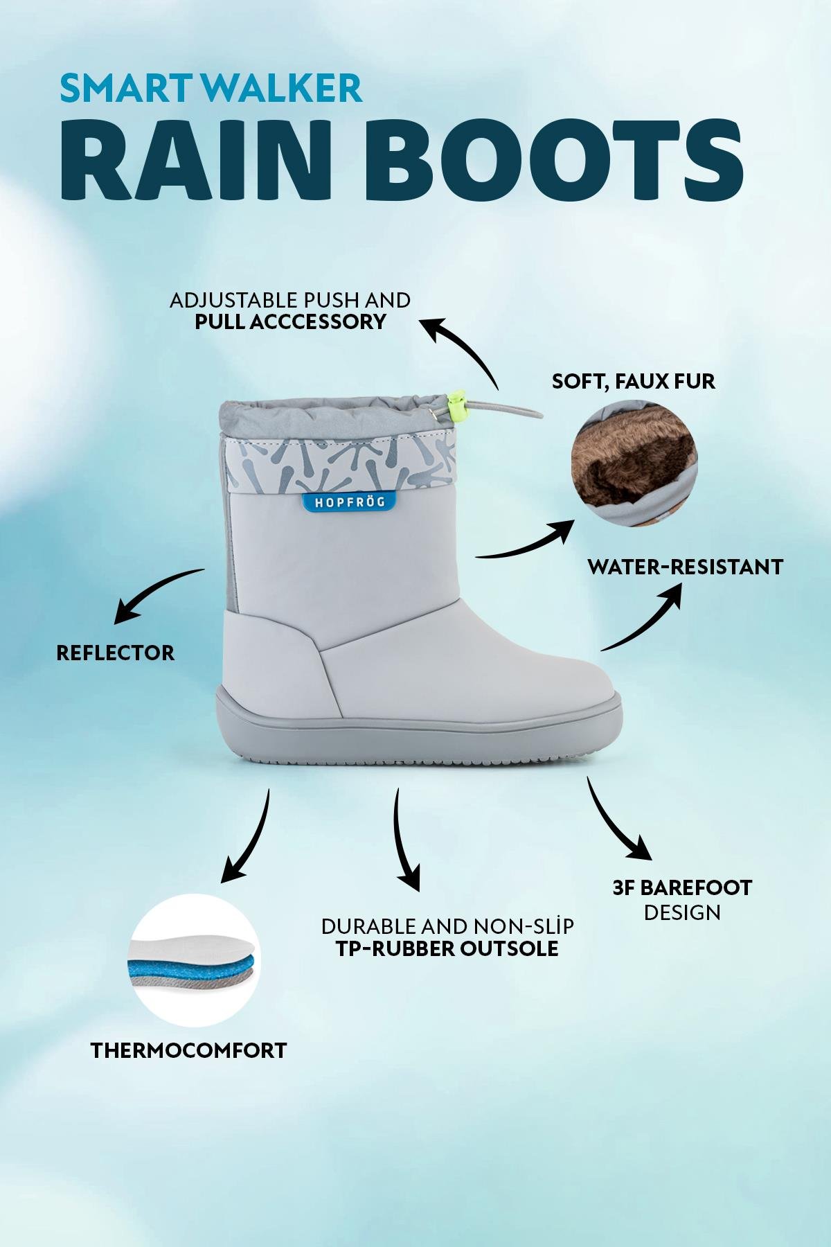 Rain Boots Süper Mat Havalı Gri Suya ve Soğuğa Dayanıklı Barefoot Çocuk Botu - Görsel 3