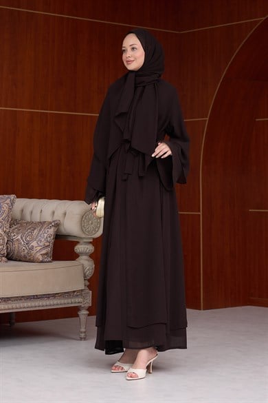 3lü Eslem Tasarım Abaya Takım ( Abaya-Şal-İçlik ) - Kahverengi