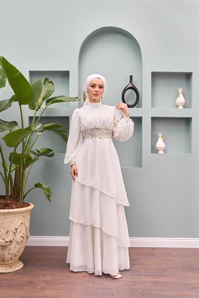 Aslıhan Kemer İşlemeli Katlı Abiye - Beyaz