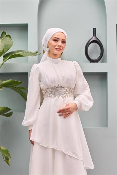 Aslıhan Kemer İşlemeli Katlı Abiye - Beyaz