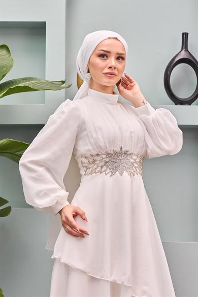 Aslıhan Kemer İşlemeli Katlı Abiye - Beyaz