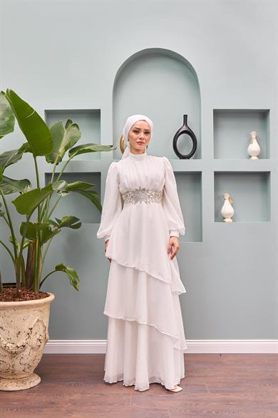 Aslıhan Kemer İşlemeli Katlı Abiye - Beyaz