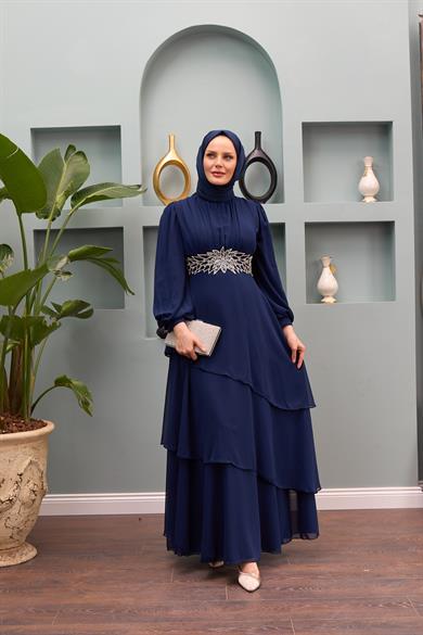 Aslıhan Belt Embroidered Layered Evening Dress - Navy Blue