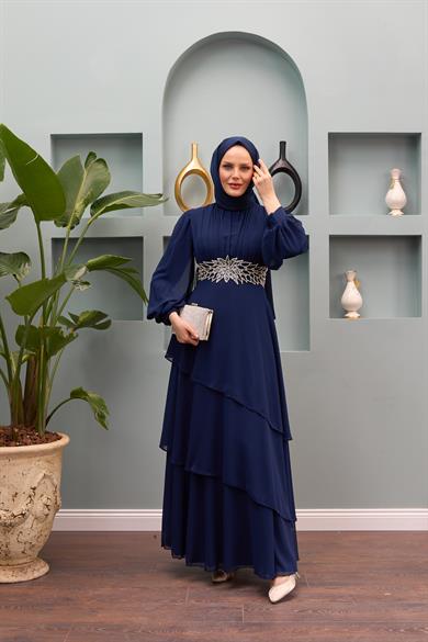 Aslıhan Belt Embroidered Layered Evening Dress - Navy Blue