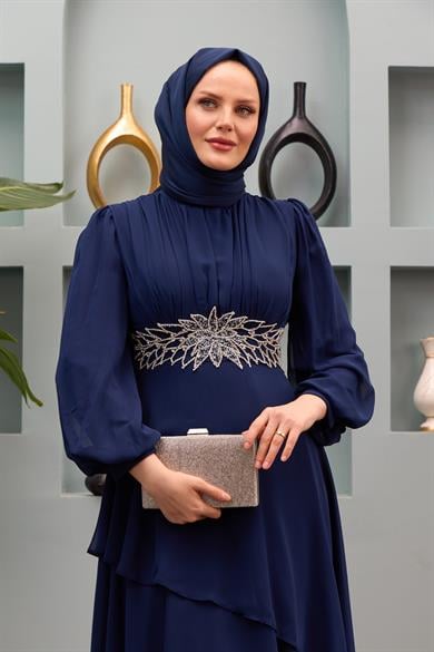 Aslıhan Belt Embroidered Layered Evening Dress - Navy Blue