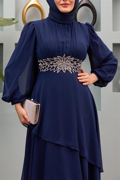 Aslıhan Belt Embroidered Layered Evening Dress - Navy Blue