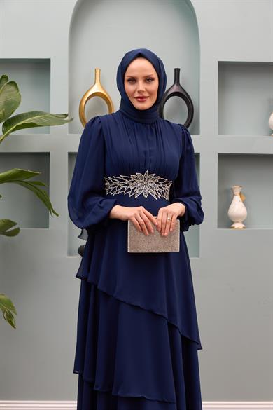 Aslıhan Belt Embroidered Layered Evening Dress - Navy Blue