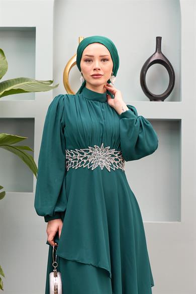 Aslıhan Belt Embroidered Layered Evening Dress - Mint Green