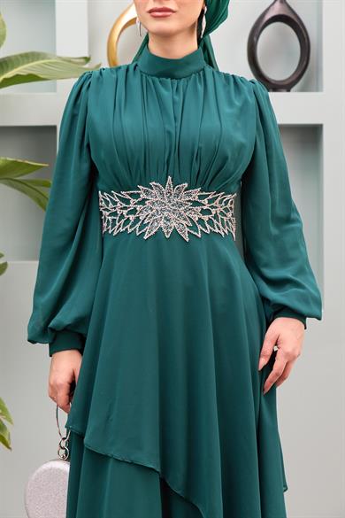 Aslıhan Belt Embroidered Layered Evening Dress - Mint Green
