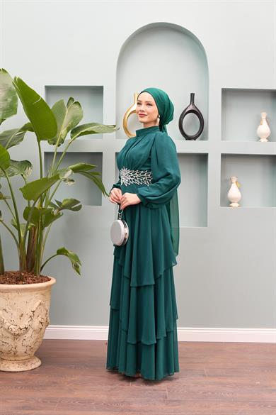 Aslıhan Belt Embroidered Layered Evening Dress - Mint Green