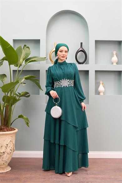 Aslıhan Belt Embroidered Layered Evening Dress - Mint Green