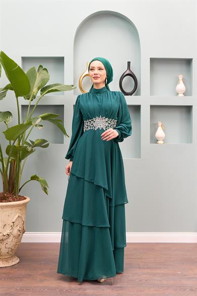 Aslıhan Belt Embroidered Layered Evening Dress - Mint Green