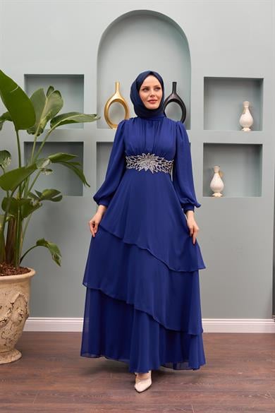 Aslıhan Belt Embroidered Tiered Evening Dress - Saks Blue