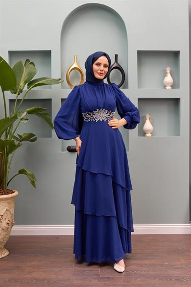Aslıhan Belt Embroidered Tiered Evening Dress - Saks Blue