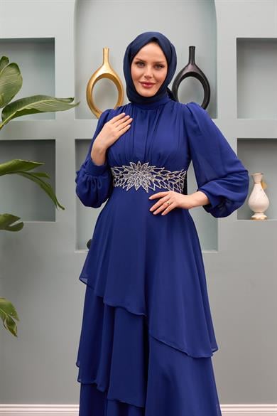 Aslıhan Belt Embroidered Tiered Evening Dress - Saks Blue
