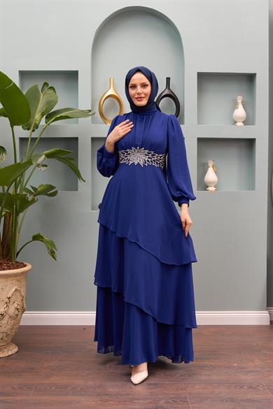 Aslıhan Belt Embroidered Tiered Evening Dress - Saks Blue