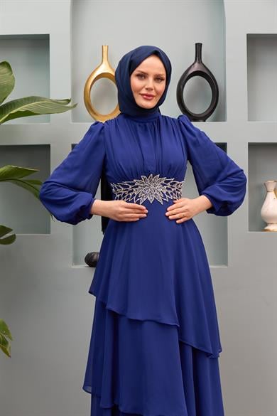 Aslıhan Belt Embroidered Tiered Evening Dress - Saks Blue