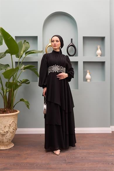 Aslıhan Belt Embroidered Tiered Evening Dress - Black