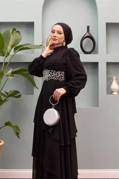 Aslıhan Belt Embroidered Tiered Evening Dress - Black