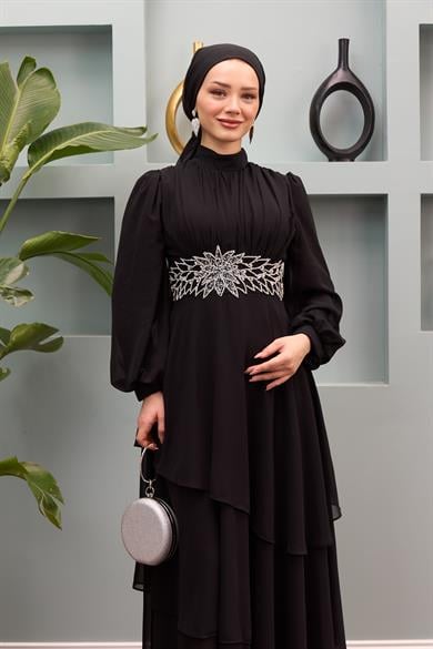 Aslıhan Belt Embroidered Tiered Evening Dress - Black