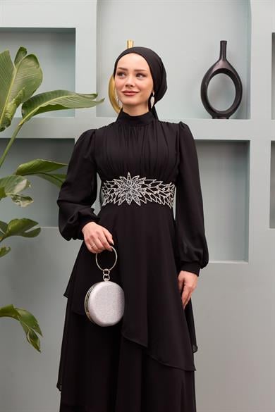 Aslıhan Belt Embroidered Tiered Evening Dress - Black
