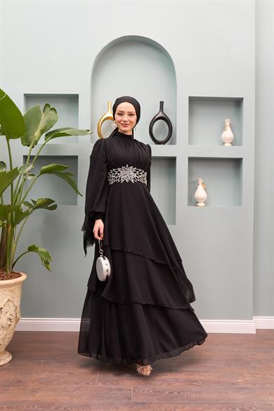 Aslıhan Belt Embroidered Tiered Evening Dress - Black