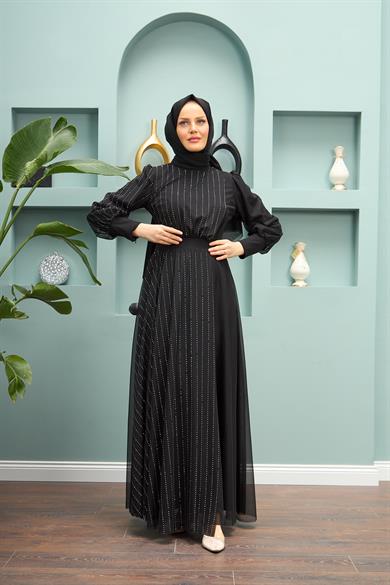 Ayben Evening Dress with Waist Tie - Black